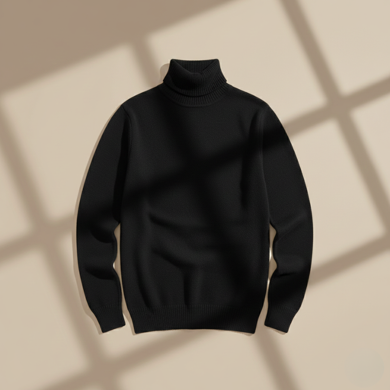 Black turtleneck sweater on a beige background