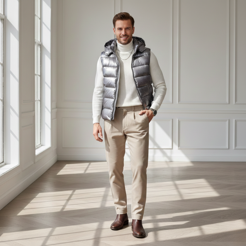 Man wearing a puffer vest in a bright room with large windows.