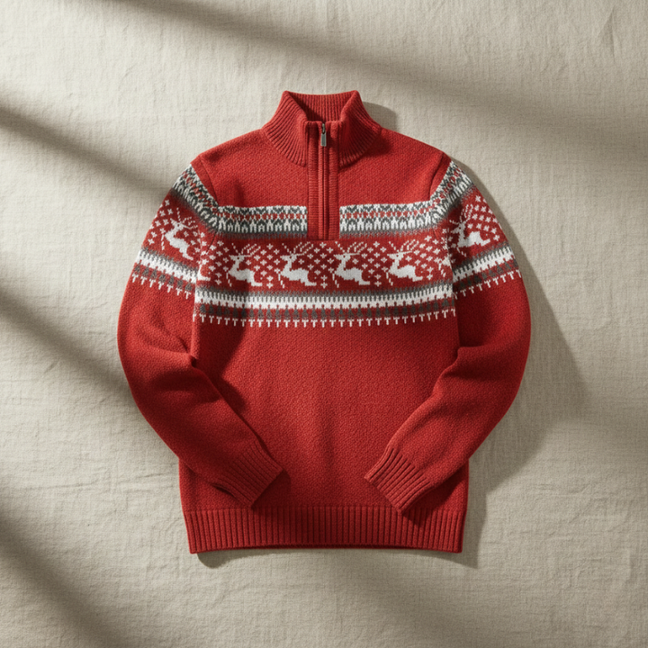 Red sweater with reindeer pattern on a beige background
