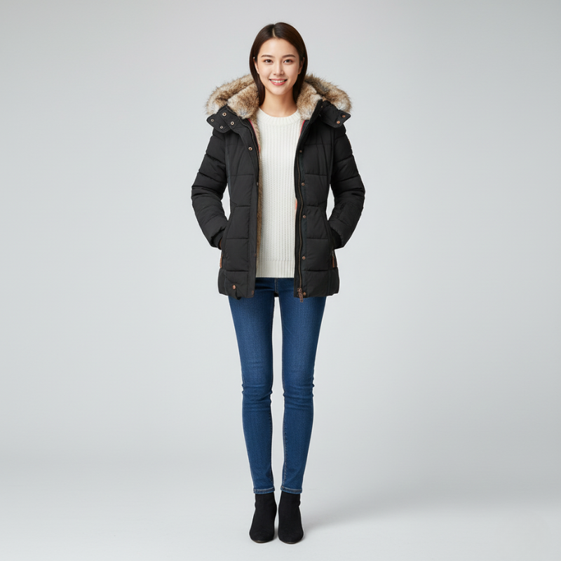 Woman wearing a black parka with fur hood on a white background