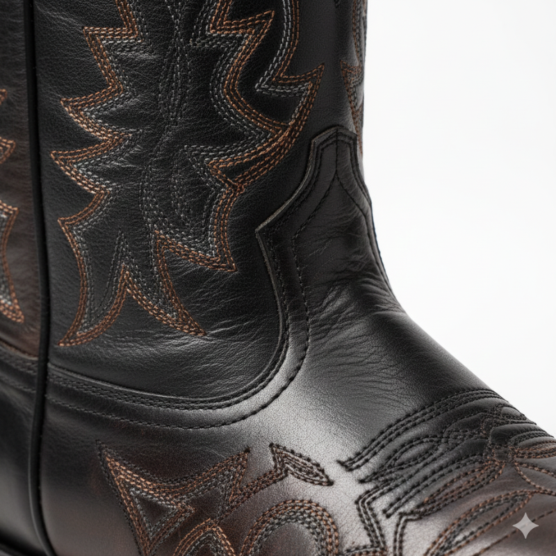 Close-up of a black leather cowboy boot with intricate brown stitching on a white background