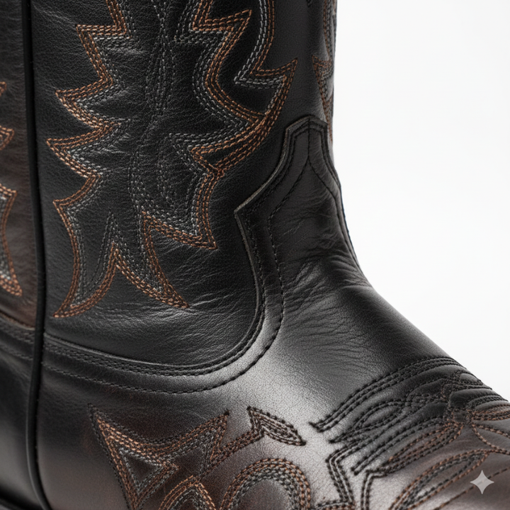 Close-up of a black leather cowboy boot with intricate brown stitching on a white background