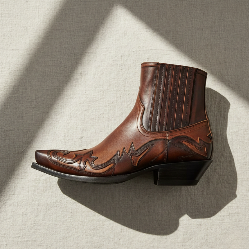 Brown cowboy boot with intricate designs on a beige background
