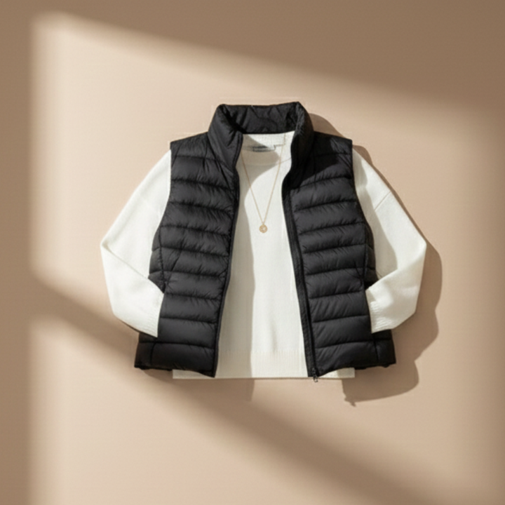 Black puffer vest over a white shirt on a beige background
