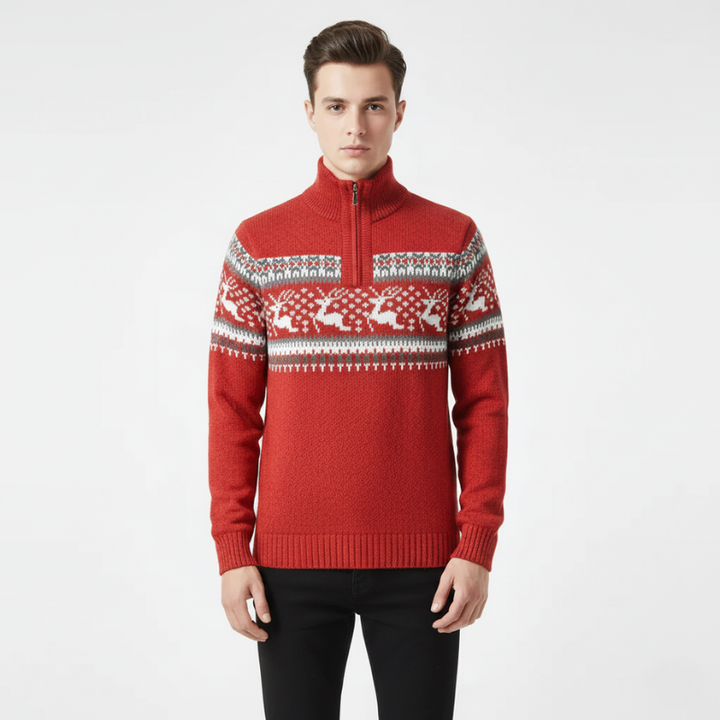 Red sweater with a pattern worn by a person on a white background