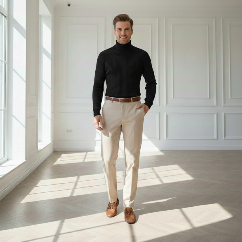 Man wearing a black turtleneck, beige pants, and brown shoes in a bright room with white walls.