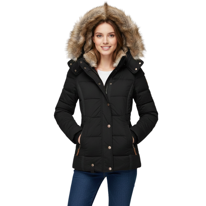 Woman wearing a black coat with a fur-lined hood on a white background