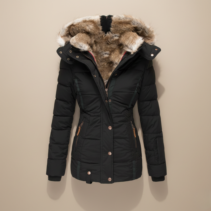 Black winter coat with fur-lined hood on a beige background