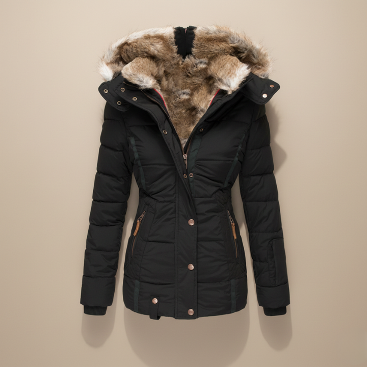 Black winter coat with fur-lined hood on a beige background