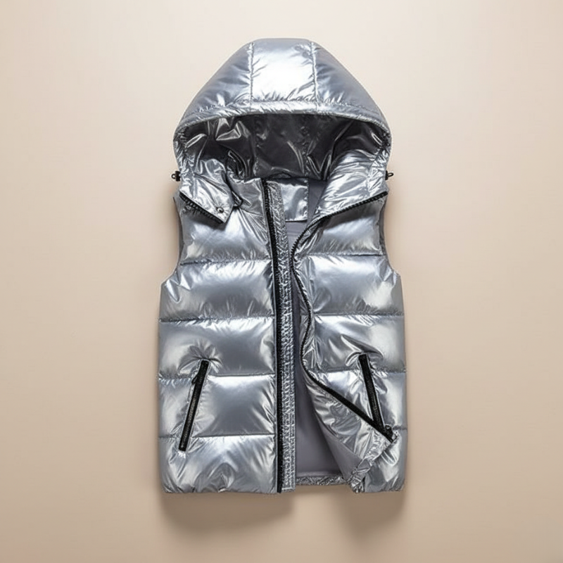 Silver puffer vest with a hood on a beige background