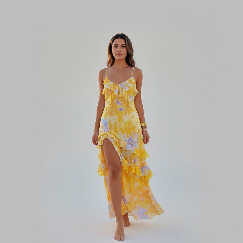 Amelia | Ruched Layered Spaghetti Strap Maxi Dress