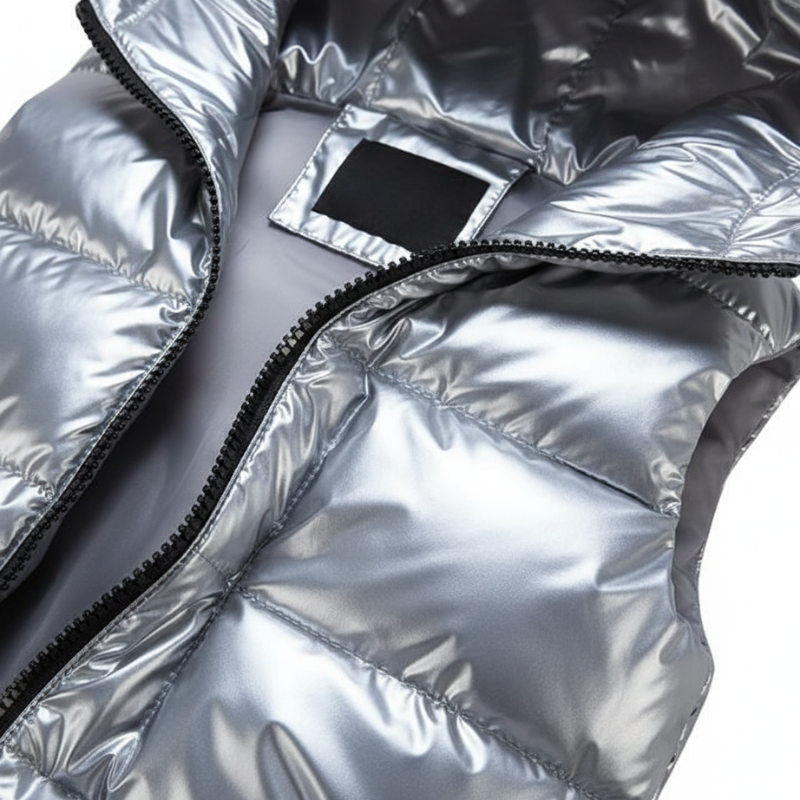 Close-up of a silver puffer vest with a brand label.
