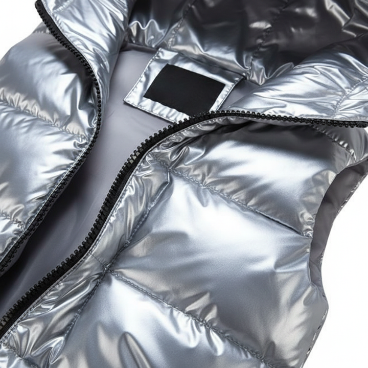 Close-up of a silver puffer vest with a brand label.