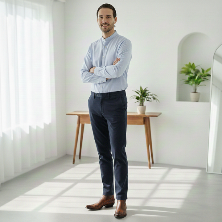 Man standing in a bright room with white walls and a wooden desk.