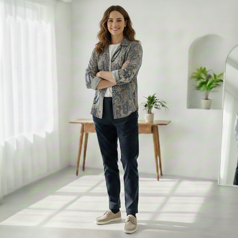 Woman standing in a bright, minimalistic room with plants and a desk.