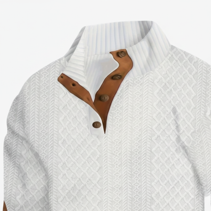 White knitted cardigan with brown button details on a white background