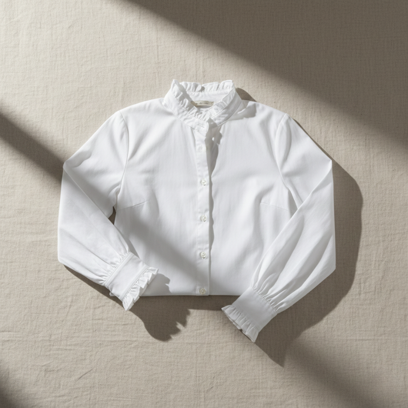 White blouse with ruffled details on a beige surface