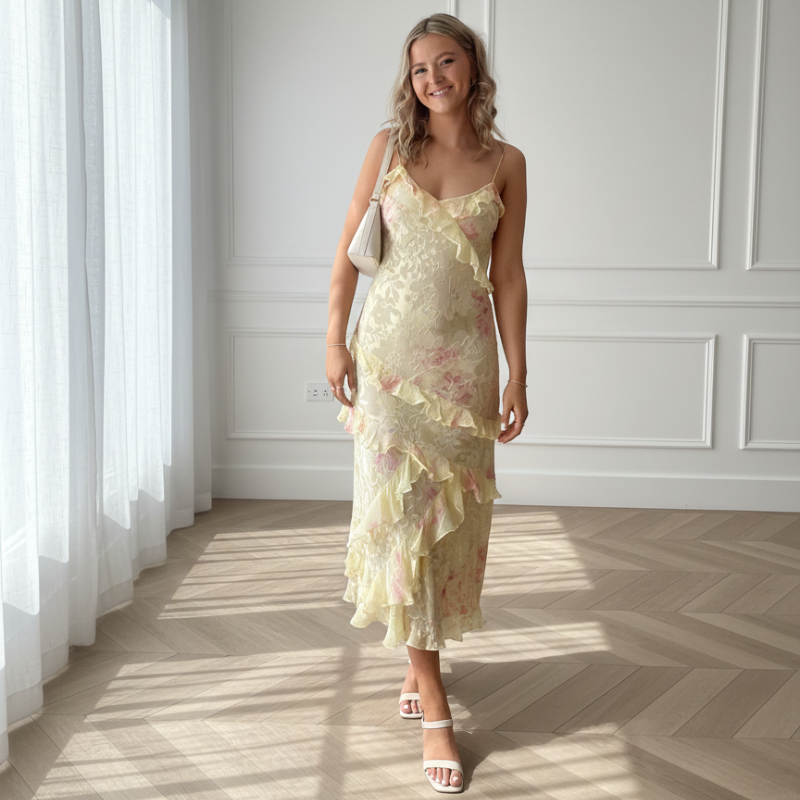 Woman in a floral dress standing in a well-lit room with white walls and wooden floor.