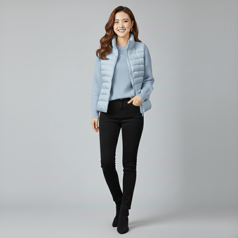 Woman wearing a light blue puffer vest over a sweater with black pants on a gray background