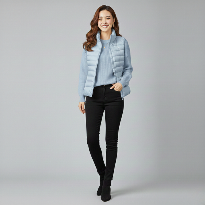 Woman wearing a light blue puffer vest over a sweater with black pants on a gray background