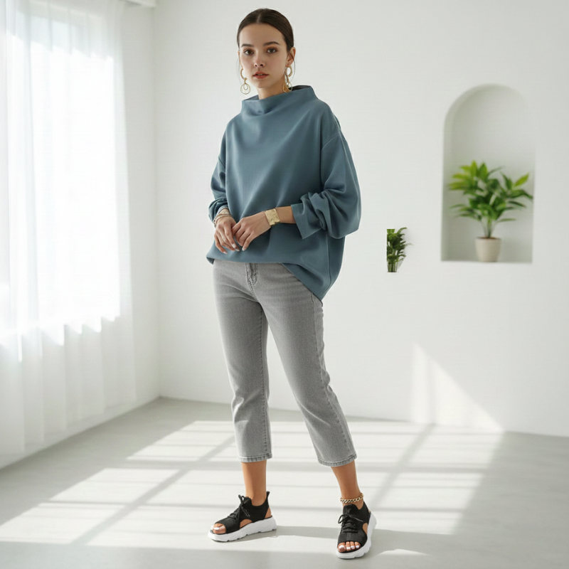 Woman wearing a blue sweater and gray pants standing in a bright room with white walls and a plant.