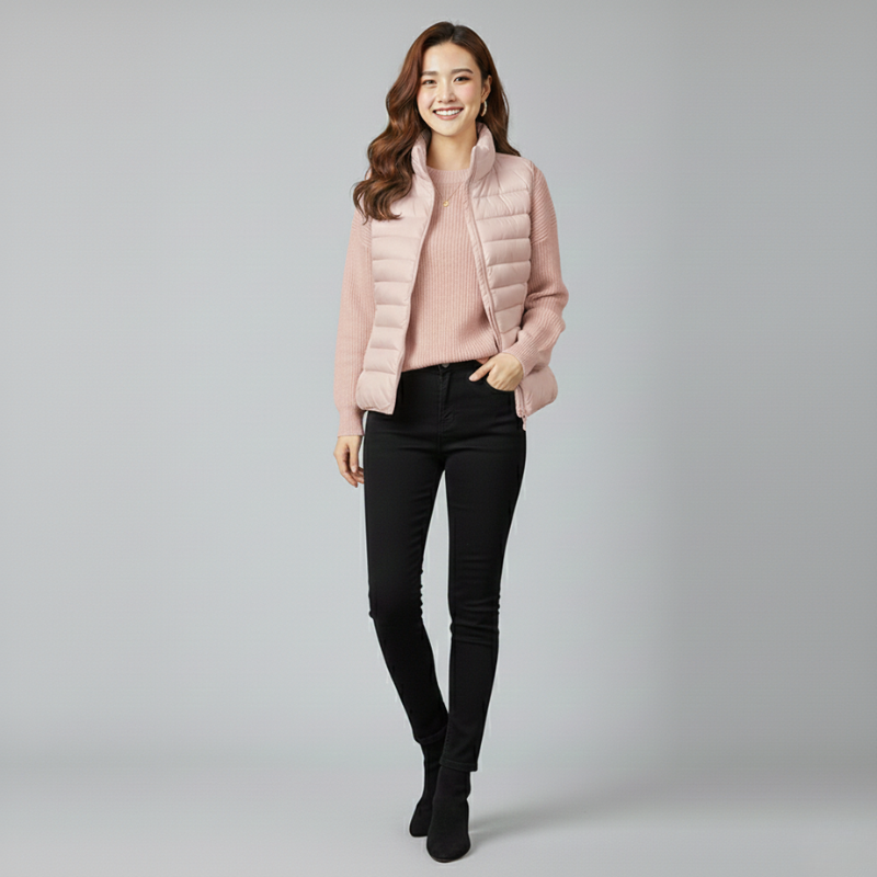 Woman wearing a pink puffer jacket, pink sweater, and black pants on a gray background