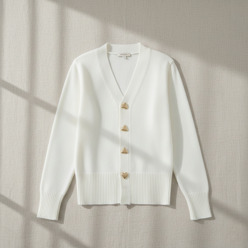 White cardigan with gold buttons on a neutral background