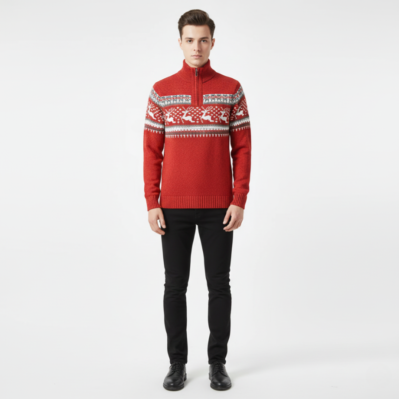 Man wearing a red sweater with a pattern on a white background