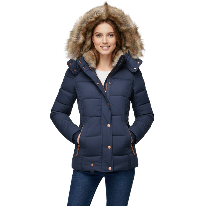 Woman wearing a navy blue puffer jacket with a fur-lined hood on a white background