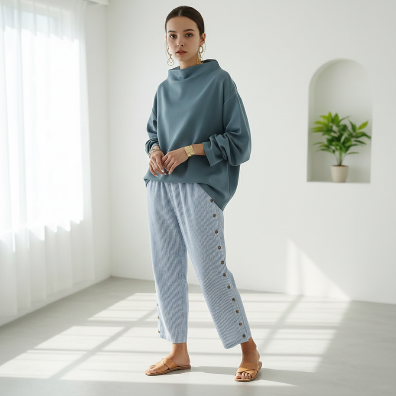 Woman wearing a blue outfit in a bright, minimalistic room.