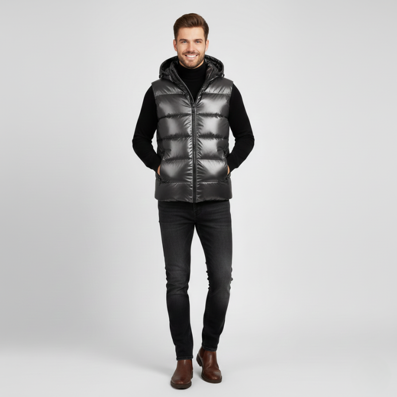 Man wearing a black puffer vest on a light gray background