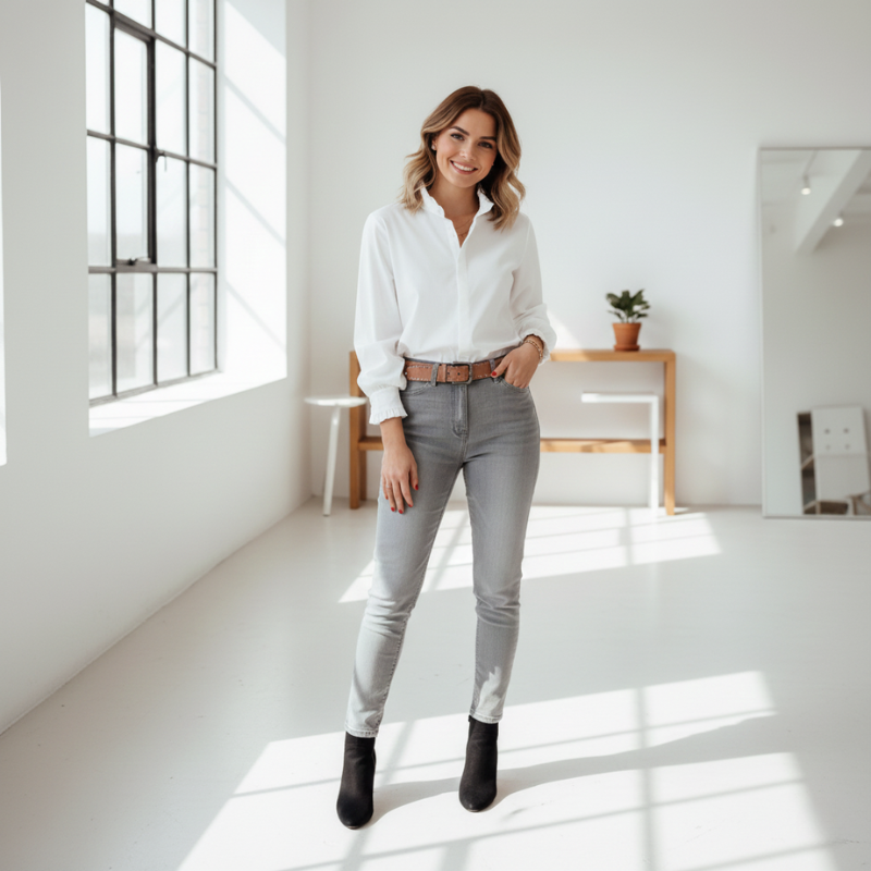 Woman in a white shirt and gray pants standing in a bright room with large windows.