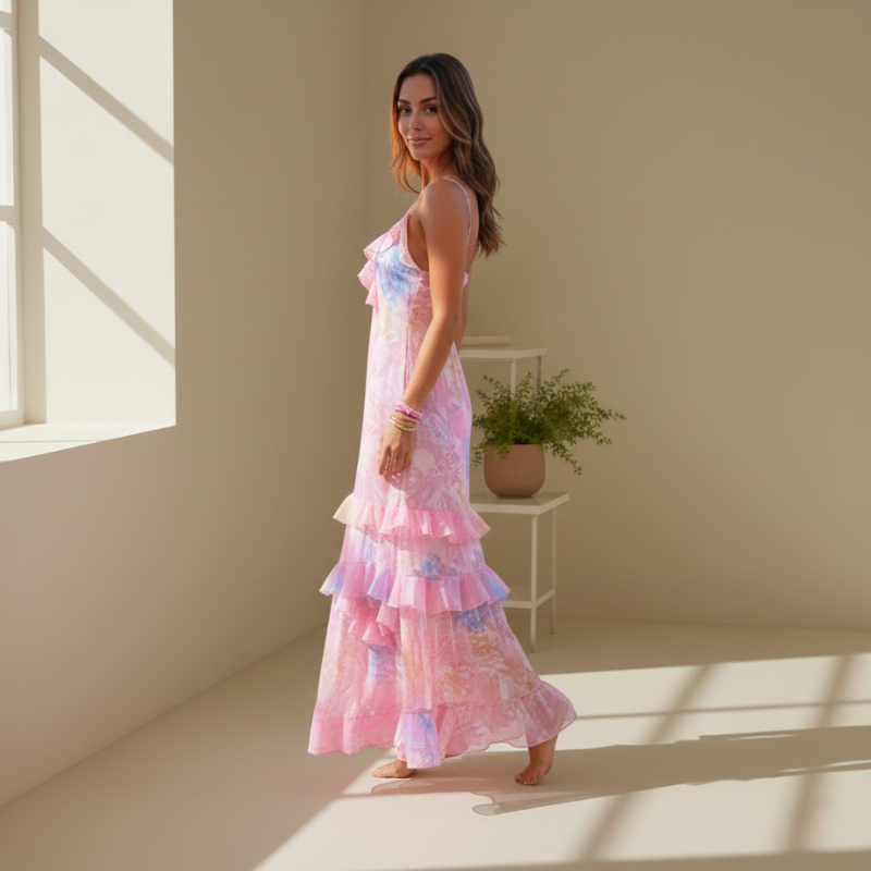 Amelia | Ruched Layered Spaghetti Strap Maxi Dress