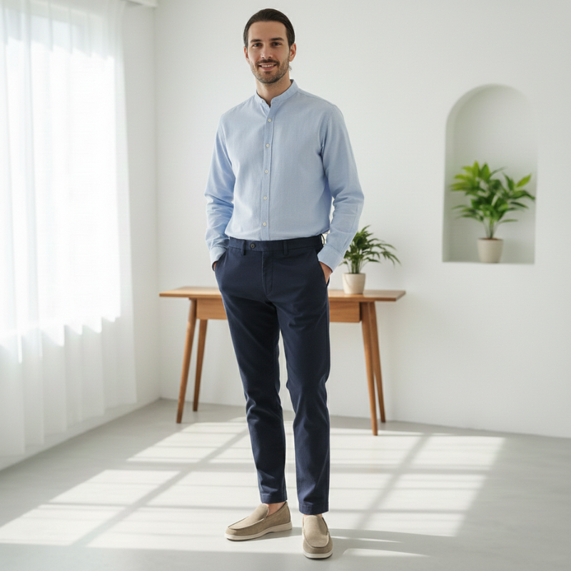 Man wearing a light blue shirt and dark pants standing in a bright room with a desk and plants.