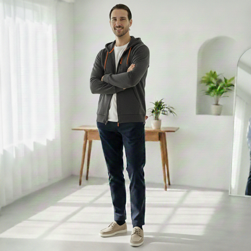 Man standing in a bright room with white walls and a wooden desk.