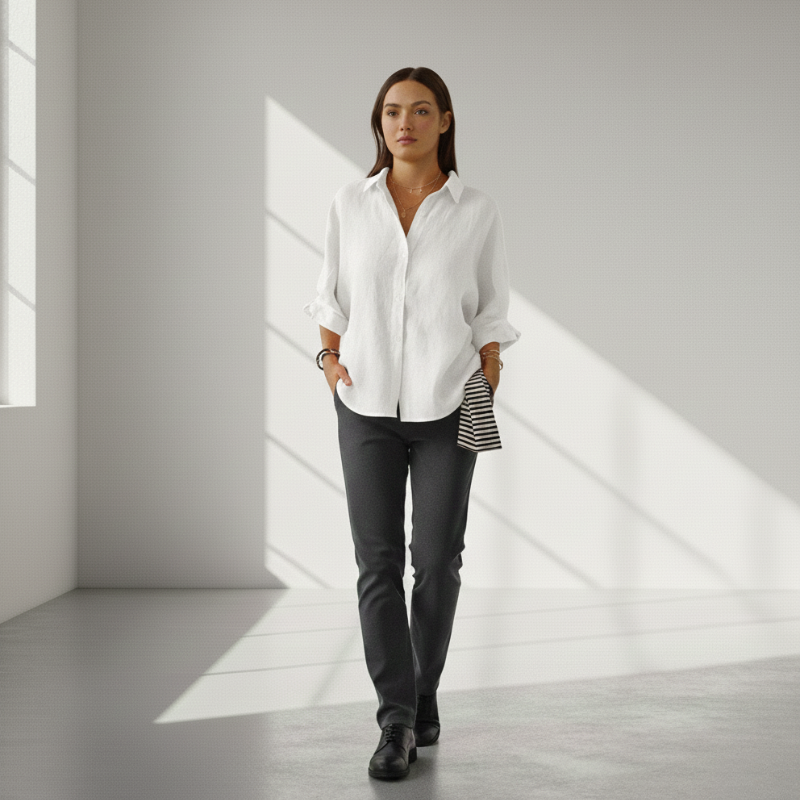 Woman wearing a white shirt and dark pants in a bright room with sunlight filtering through.