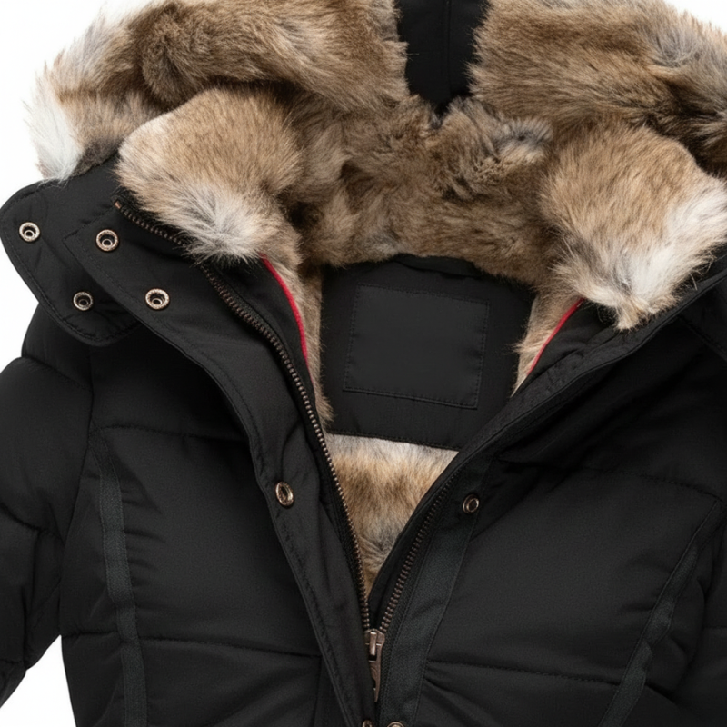 Black winter coat with fur-lined hood on a white background