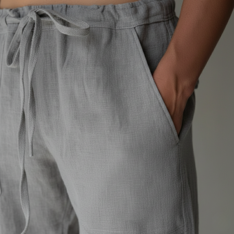 Gray pants with a drawstring waist on a neutral background