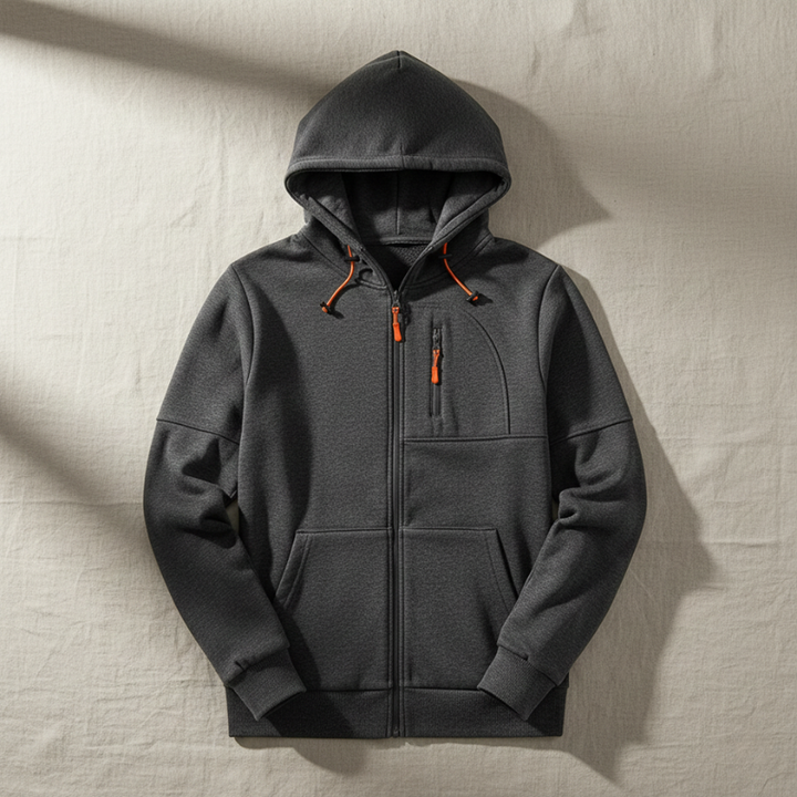 Dark gray hoodie with orange zippers on a textured beige background