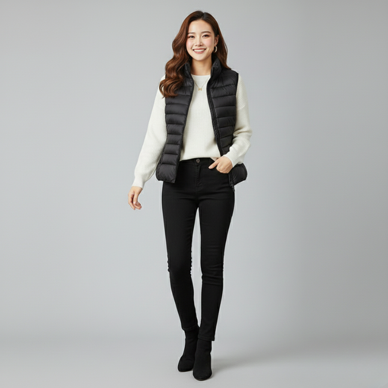 Woman wearing a black puffer vest over a white sweater with black pants on a gray background