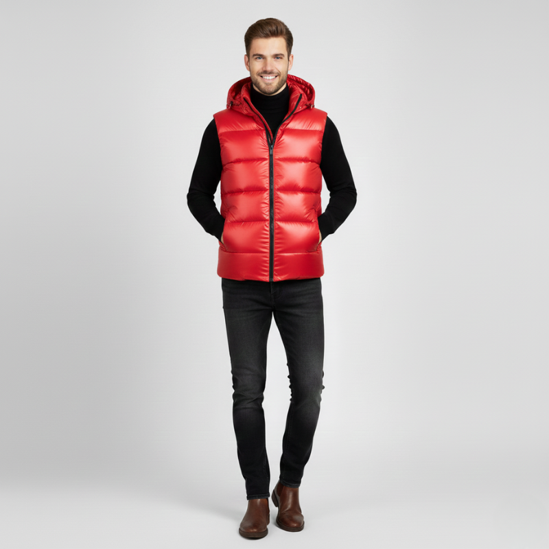 Man wearing a red puffer vest on a light gray background