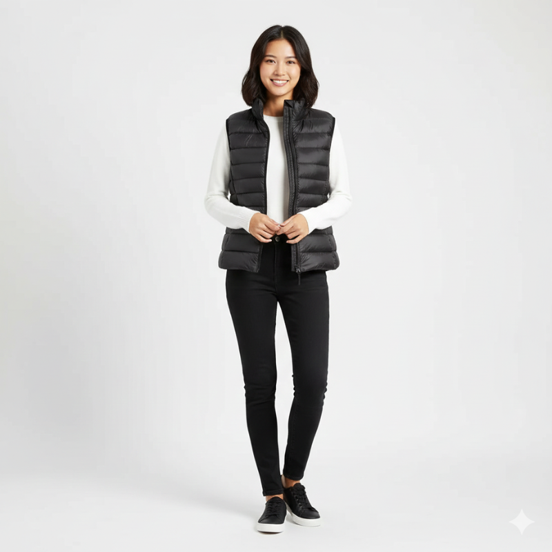 Woman wearing a black puffer vest over a white shirt on a white background