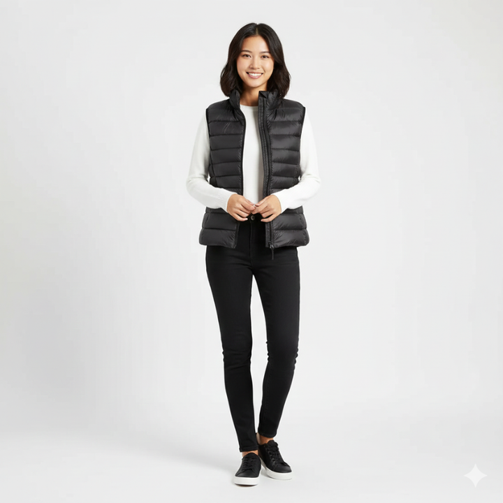 Woman wearing a black puffer vest over a white shirt on a white background