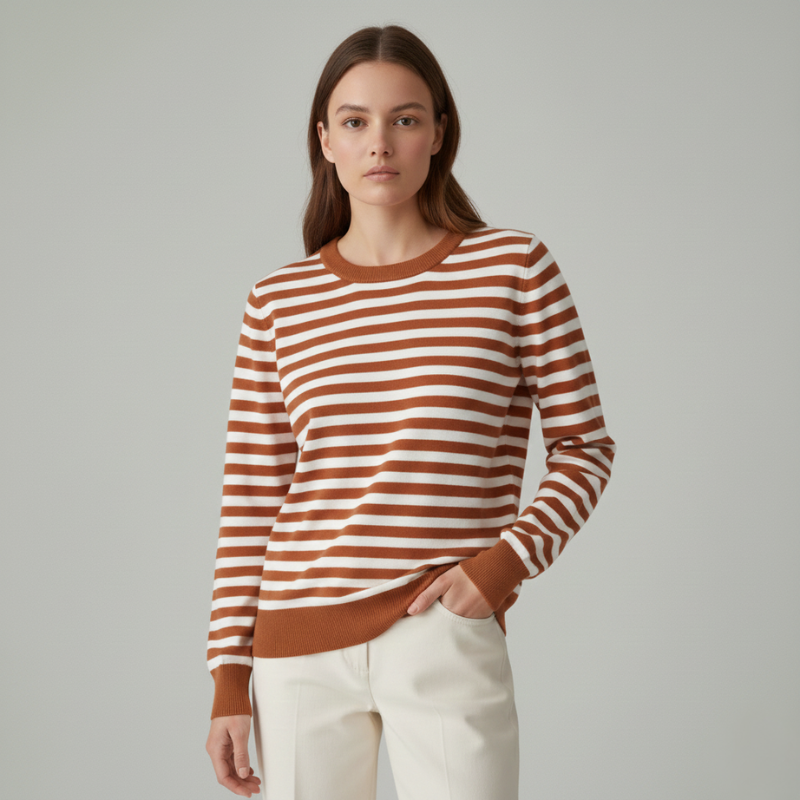 female model wearing beige and white striped knit sweater with white trousers