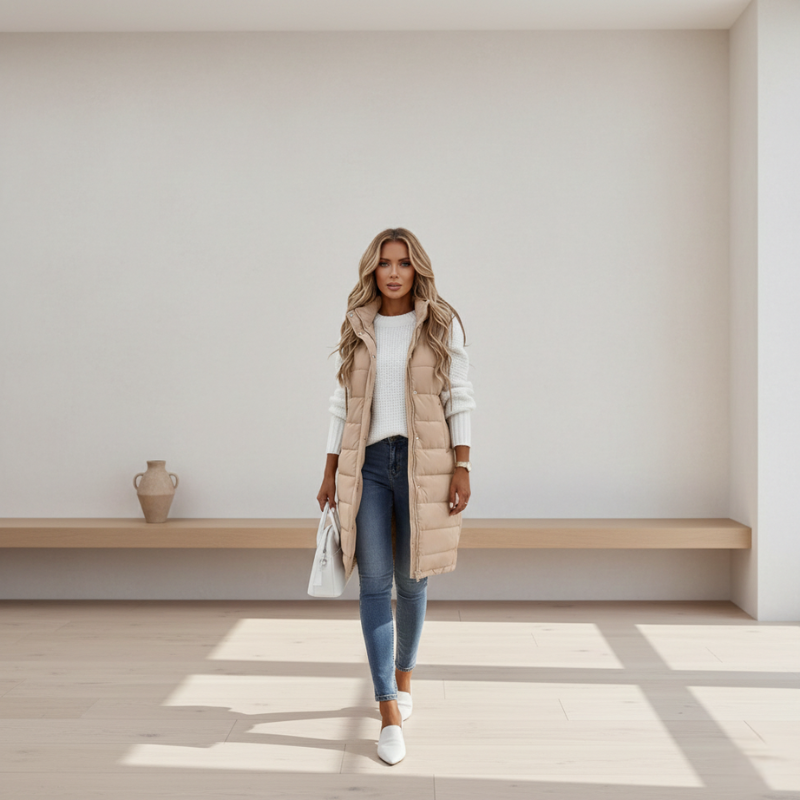 closeup of beige puffer vest fabric showing quilted stitching and padded texture