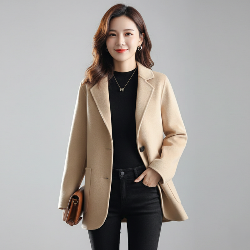 Women’s beige blazer with black outfit