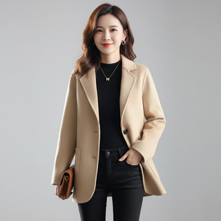Women’s beige blazer with black outfit