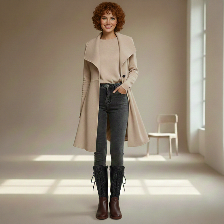 Woman wearing a beige coat, black jeans, and brown boots in a bright room.