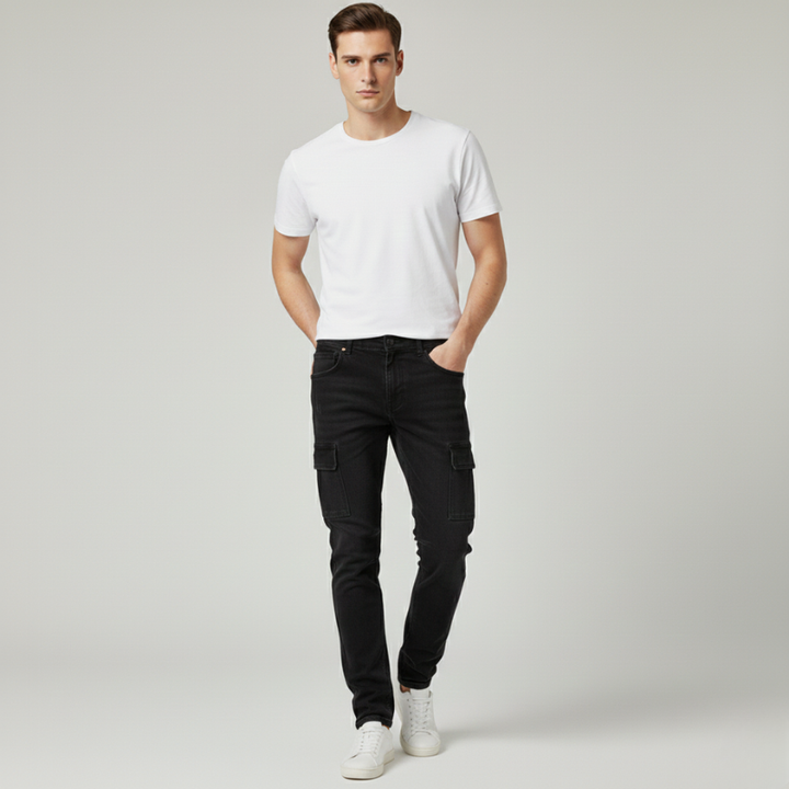 Black men’s cargo jeans with multi-pocket design and slim straight-leg silhouette