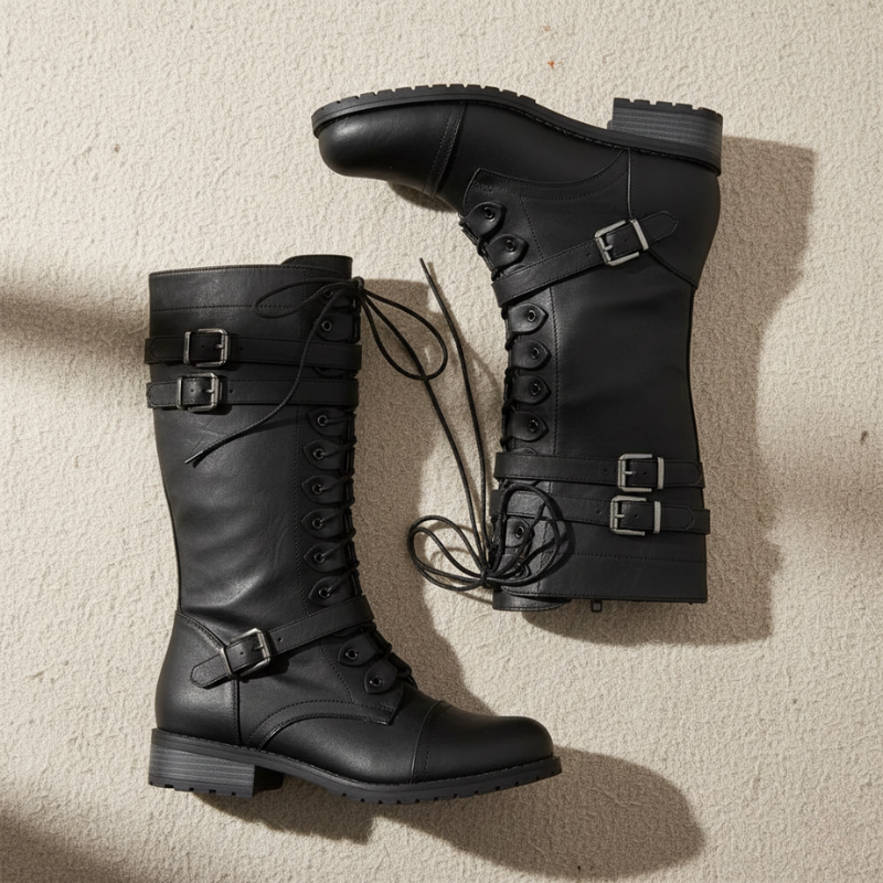 Pair of black leather boots with buckles on a beige background